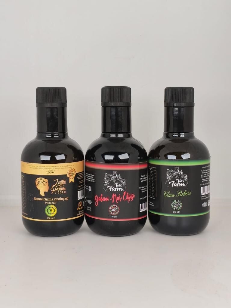Tlos Farm Fabulous Trio: Early Harvest Cold Pressed Extra Virgin Olive Oil & Wild Pomegranate Syrup & Homemade Apple Vinegar
