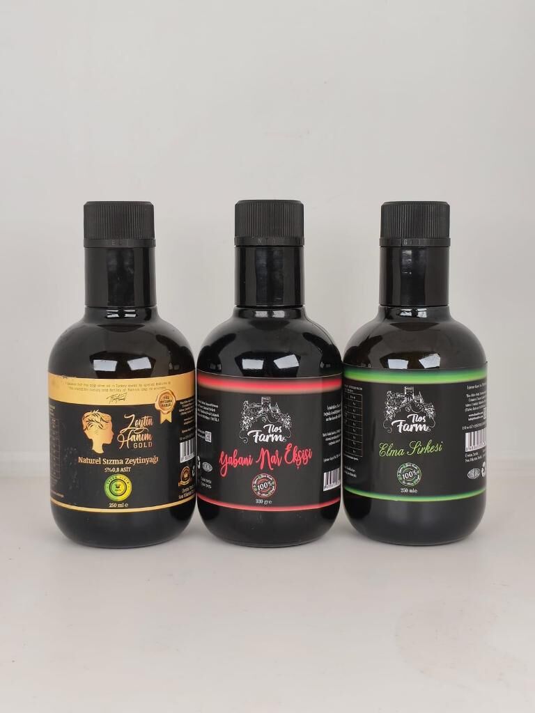 Tlos Farm Muhteşem Üçlü: Düz Sıyırma Bahçe Soğuk Sıkım Natürel Sızma Zeytinyağı & Yabani Nar Ekşisi & Ev Yapımı Elma Sirkesi