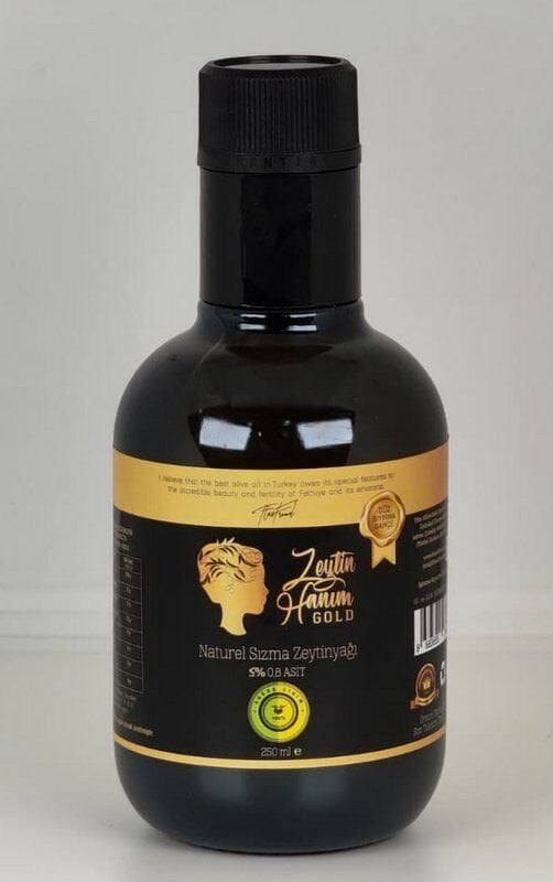 Zeytin Hanım Gold / Düz Sıyırma Bahçe / 250 ml Soğuk Sıkım Natürel Sızma Zeytinyağı  (<=0.8 Asit)