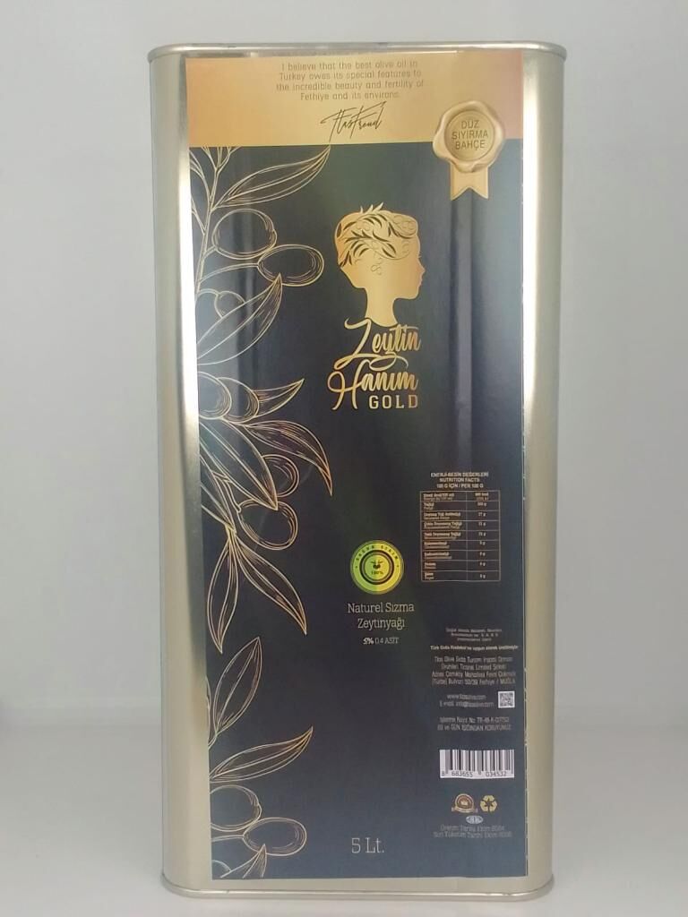 Zeytin Hanım Gold / Düz Sıyırma Bahçe / 5 lt Soğuk Sıkım Natürel Sızma Zeytinyağı  (<=0.8 Asit)
