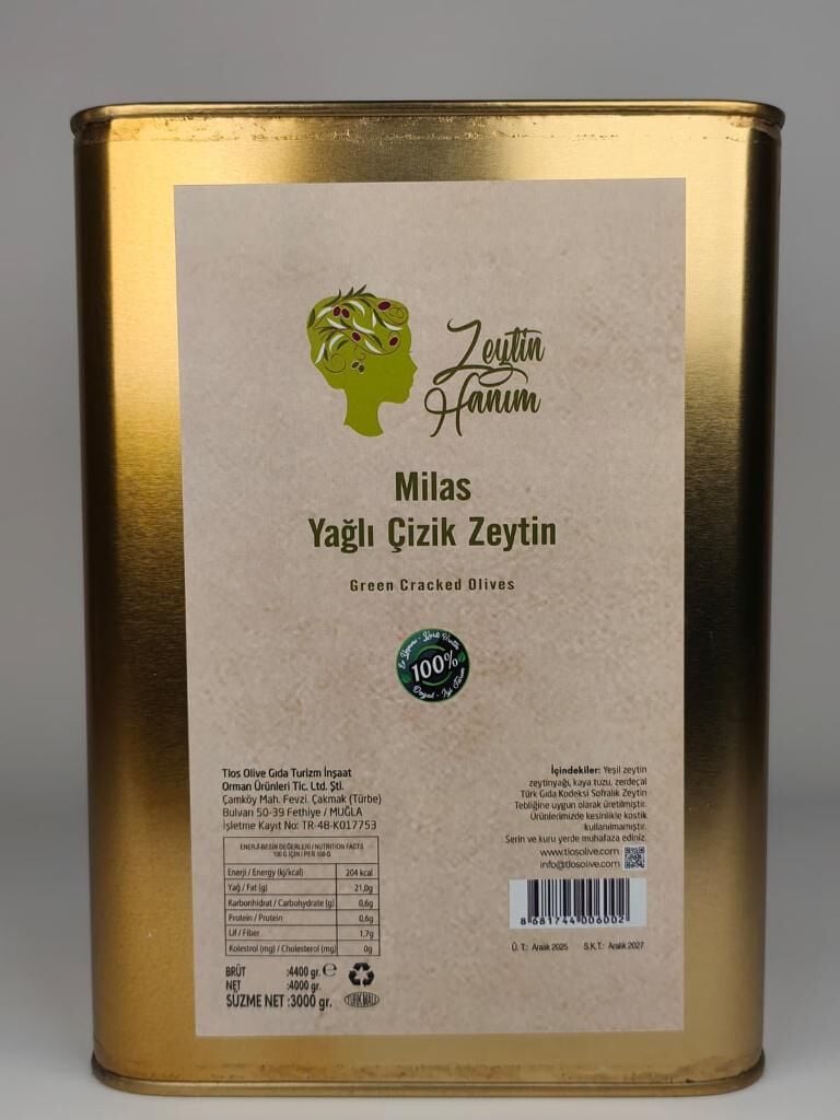 Zeytin Hanım Milas Yağlı Çizik Yeşil Zeytin-3 kg